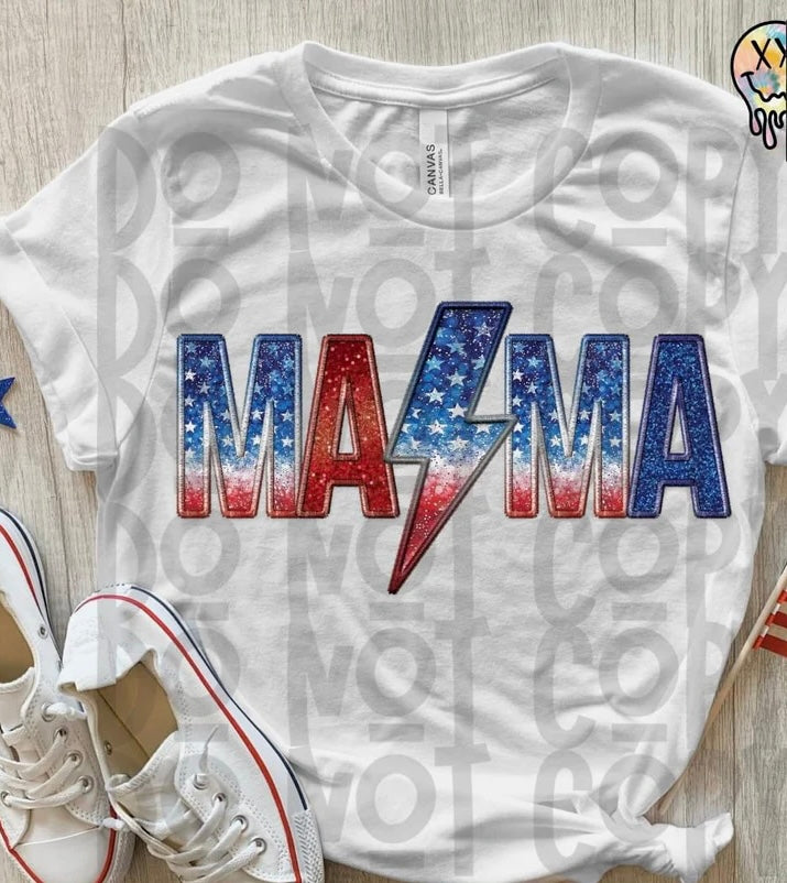 Mama Red White & Blue Ombré Faux Embroidery Sequin Graphic